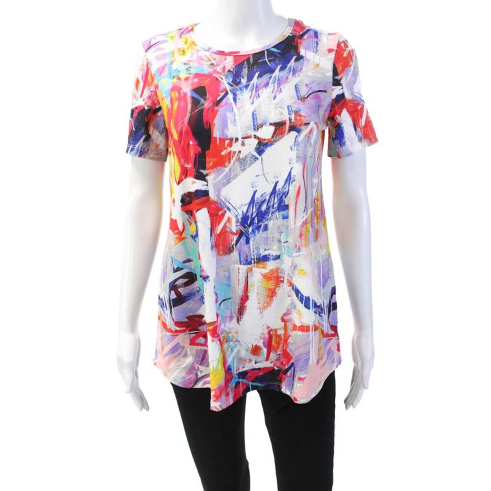 Pure Essence Womens Abstract Print Short Sleeve Blouse Top Multicolor Size L